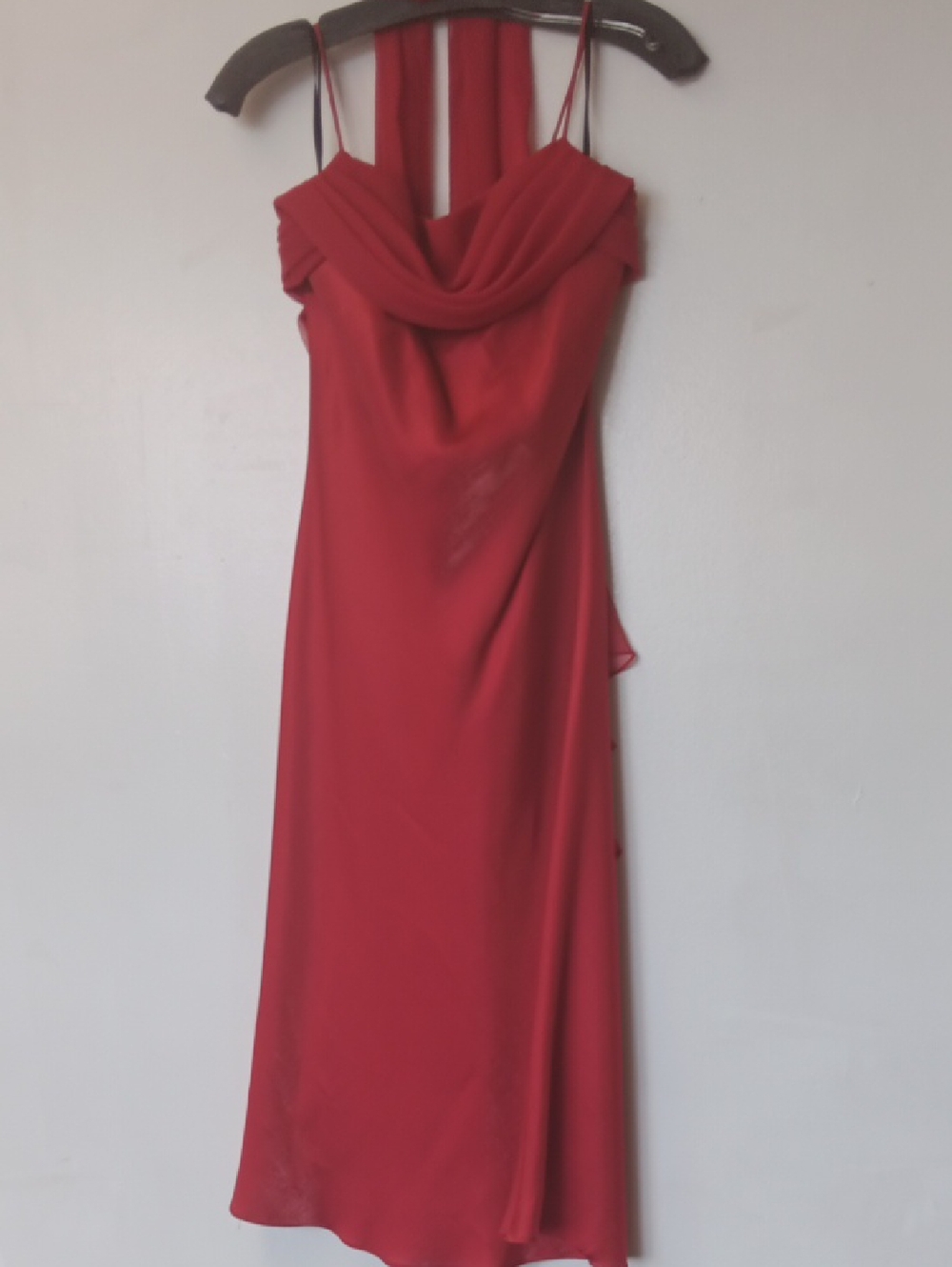 Red Spaghetti Strap Cowl Neck Evening Dress With Scarf